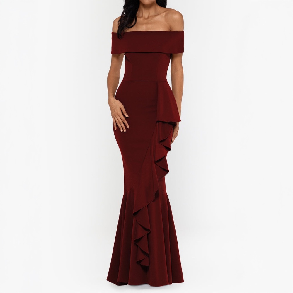 Betsy & Adam - Carina Long Off The Shoulder Ruffle Gown